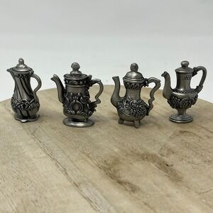 Vintage Pewter Miniature Teapot Lot of 4 | Ornate Figurines | Collectible Metal